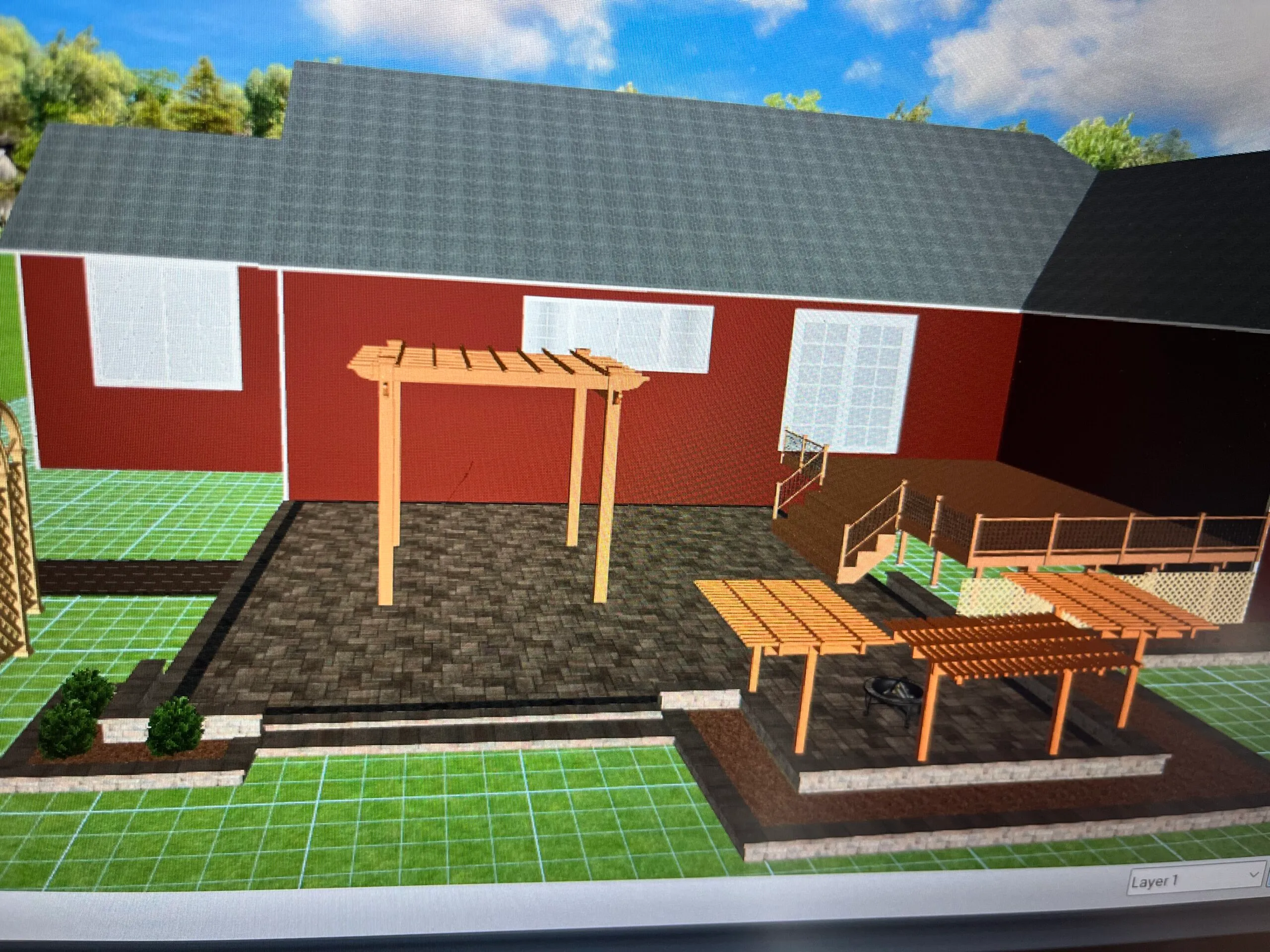 3D rendering of a backyard design with pergola and outdoor dining